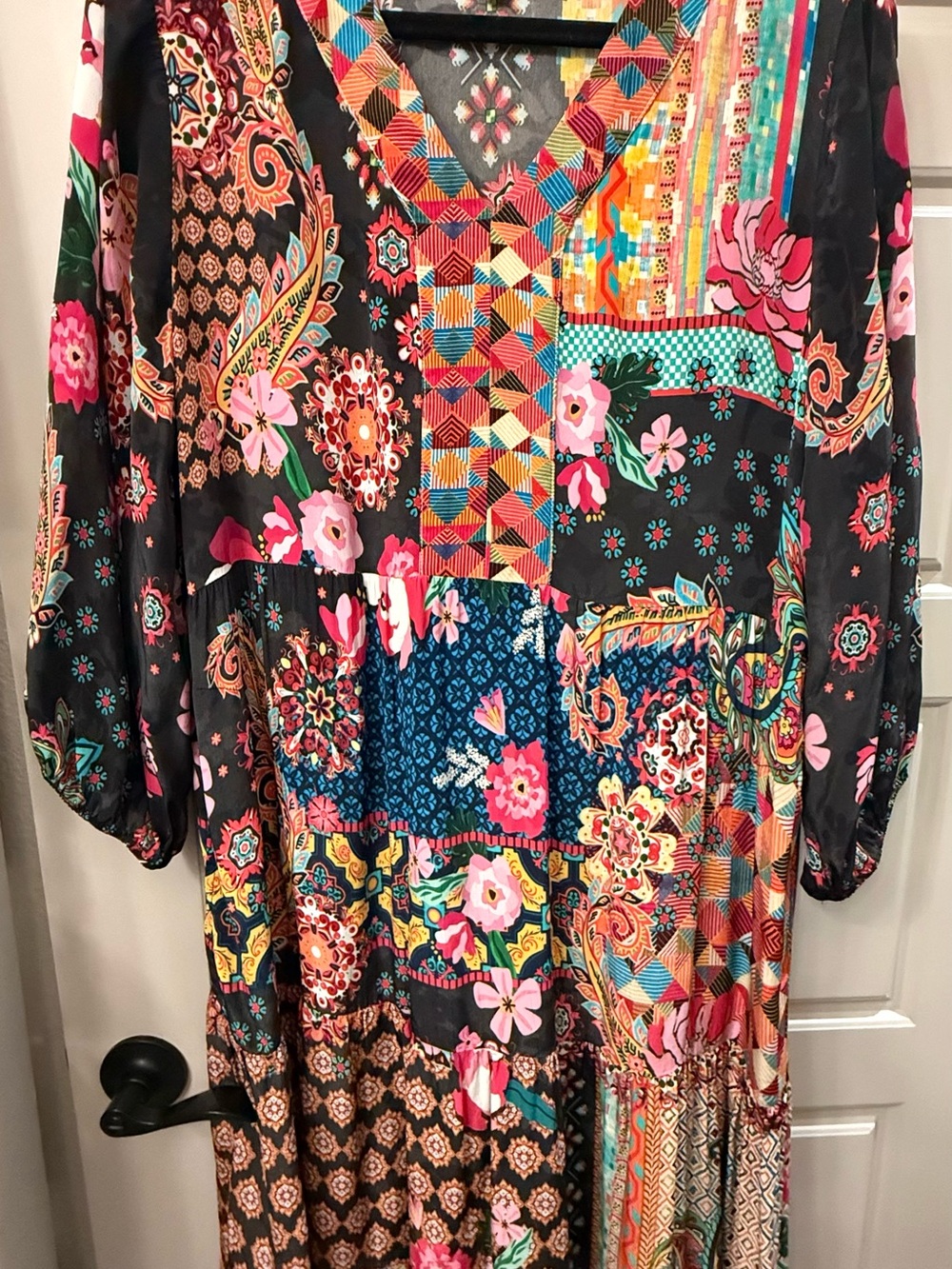 SHANA Black Patchwork Floral V-Neck Long Sleeve Maxi Dress